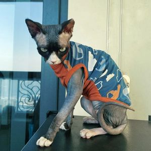 猫の衣装服春の夏コットンシャツスフィンクスファッションブルーショートスリーブコート猫犬漫画ジャンプスーツデボンレックス