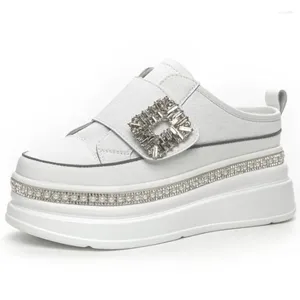 Casual skor 7cm ko äkta läder glitter plattform tofflor kvinnor sommar kil rhinestone sandaler loop glider sneakers glider på