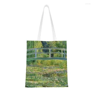 Sacos de compras engraçados claude monet famosa pintura a óleo tote reutilizável água-lírio lagoa mercearia lona shopper bolsa de ombro