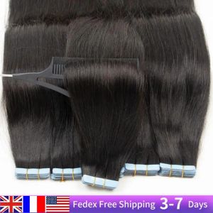 Förlängningar Silk Straight Tejp i mänskliga hårförlängningar Remy Skin Weft Tape Hårförlängning 1226 tum 20st 1B Natural Black Straight Buntle