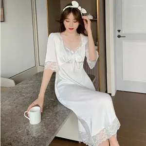 Women's Sleepwear Casual Kimono Dressing Gown Long Nightdress With Bow Femme Lace Loose Thin Nightgown Short Sleeve Lingerie Home Wear