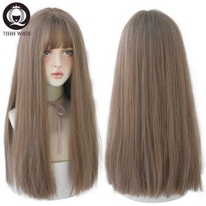 Synthetic Wigs Lace Wigs 7JHHWIGS Long Straight Synthetic Light Brown Wigs With Bang For Women Heat-Resistant Daily Use Hair Hot Sell Wholesale Wigs 240329