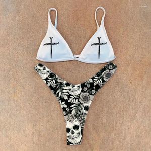 Costume da bagno da donna in bianco e nero Sexy Goth Emo Donna Costume da bagno in due pezzi con stampa teschio Costume da bagno diviso a vita alta Costume da bagno gotico da spiaggia