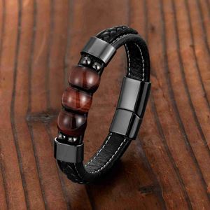 Bangle Natural Red Tiger Eye 3 Charm Jewelry Stainless Steel Bracelet 316L Leather Cord Mens Bracelet OL Style 240319