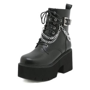 Bot kadın platform ayak bileği botları siyah gotik pu deri kadın sarmaşık punk ayakkabıları kadın tıknaz topuk kısa botlar artı boyutu