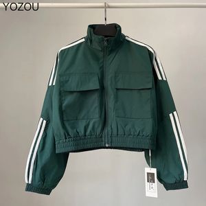 Yozou Green Blue Black Red Cargo Short Jackets Women Sports Windbreaker Bomber Baseball Coat med fickor Ytterkläder 240315