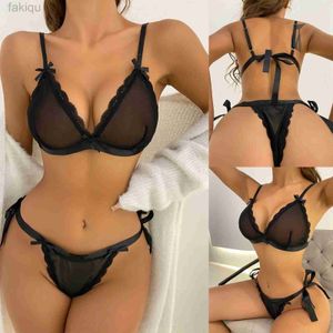 Sexy conjunto de lingerie feminina conjunto de duas peças bowknot malha transparente renda sem fio sutiã tangas underwire lingerie roupa interior erótico sexy sutiãs 24319