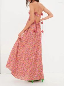 Casual Dresses Women Summer Long 3D Flower Spaghetti Strap Maxi Dress Floral Print Tie-Up Halter Sleeveless Backless