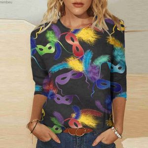 T-shirt das mulheres Muticolor máscara de penas 3D impressão camiseta para mulheres carnaval redondo pescoço 3/4 pullovers de manga tops verão 2024 mardi cras teesc24319