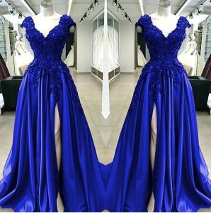 Royal Blue Satin A Line High Split Prom Dressess V Neck Lace Appliques Beaded Plus Size African Black Girls Evening Party Gowns Bc5082