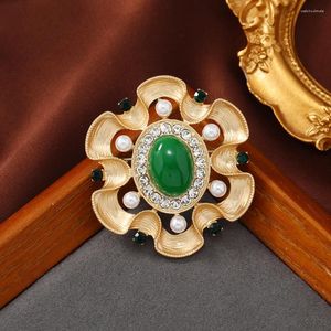 Brosches Morkopela Luxury Green Stone Brosch Pin Emamel Vintage Woman Coat Corsage Flower Rhinestone Accessories