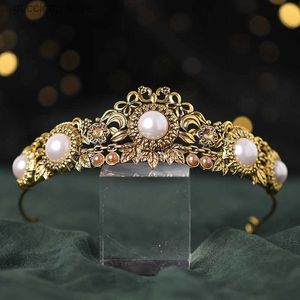 Tiaras Baroque 빈티지 골드 크리스탈 꽃 비드 Tiaras Rhinestone Queen Crowns 웨딩 헤어 액세서리 럭셔리 헤드 밴드 diaadem y240319
