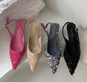Neue Bling Frauen Sandale Mode Spitzschuh Flach Slip Auf Damen Elegante Slingback Schuhe Med Heel Pumps Schuhe