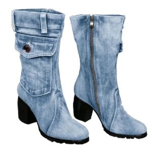 Boots Unique 2023 Women Autumn Winter Boots Denim Design Shoes for Girls MidCalf Pocket High Heel Boots Winter Shoes Women