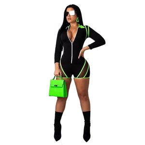 Neon Gestreiften Sexy Mesh Shorts Overall Frauen Streetwear Langarm Elegante Strampler Sommer Overalls Plus Größe Overall 240306