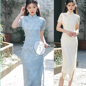 Etniska kläder 2024 Summer Chinese Traditionella kläder för kvinnor Style Blue Mid Length Chiffon Modern Cheongsam Dress Retro Qipao