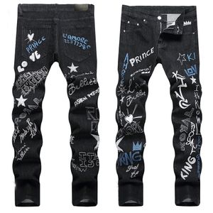 Mens Black Jeans Denim Calças Longas Skinny Fit Slim Masculino Stretch Biker Jean Designer Patchwork Calças Todo Padrão Bordado Tamanho 29-38