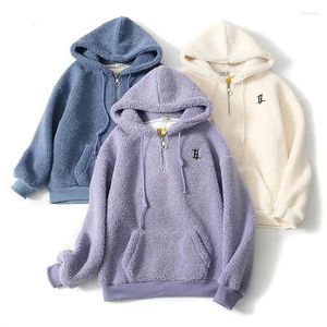 Hoodies femininos mulheres inverno com capuz moletom bordado cordeiro vevelt velo versão coreana meia zíper carta casaco grosso zip solto