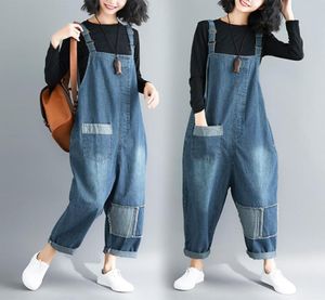 Stora fickor Wide Leg Denim Överaller kvinnor baggy hängslen Bib Cowboy Pants Plus Size Low Drop Crotch Casual Jean Jumpsuits GB02 T7952129