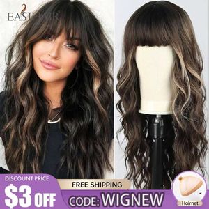 Synthetic Wigs Cosplay Wigs Dark Brown Synthetic Wigs with Bangs Long Curly Wavy Brown Wigs with Blonde Highlights for Afro Women Daily Party Heat Resistant 240329