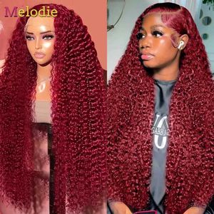Syntetiska peruker Melodie 99J Deep Wave Human Hair Wigs 13x4 Bourgogne Curly Transparent Spets Front Wig 13x6 Red Color Spets Frontal Wig For Women 240328 240327
