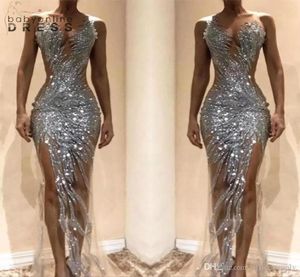 Gorgeous Silver Mermaid Prom Dresses 2022 Sexy See Through Sequins Bodice Split Long Women Occasion Evening Gowns Custom Made8818444