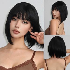 Synthetische Perücken, Spitzenperücken, EASIHAIR, kurze, gerade Bob-Perücken für Frauen, schwarze synthetische Naturhaar-Perücke mit Pony, hitzebeständiges Cosplay-Haar für den täglichen Gebrauch, 240329