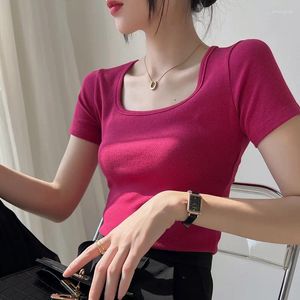 Women's T Shirts Square Collar Womena Short-sleeved T-shirt 2024 Summer Vintage Basic Tees Ribber Black White Rose Red Crop Tops Streetwear