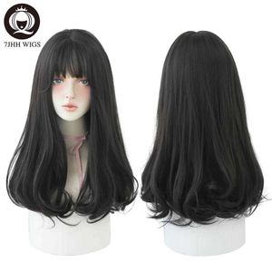 Synthetic Wigs Lace Wigs 7JHHWIGS Long Wavy Synthetic Black Wigs For Women With Fringe Fashion Heat Resistant Mid-Length Daily Straight Light Brown Hair 240329
