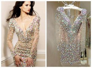 Abiti da cocktail corti con strass di lusso con scollo a V profondo sexy Abiti da festa Abiti da ballo corti a maniche lunghe per le donne Immagine reale7711620