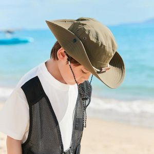 Basker koreansk stil barn coola baby pojke läder tagg bergsklättring skyddande utomhus stor brim fiskare hatt sol h
