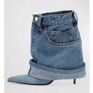 Non-Brand Sexy Womens Mid HBP Calf Boot Pointed Toe Stylish Female Shoes Denim Cowgirl New Boots for Ladies