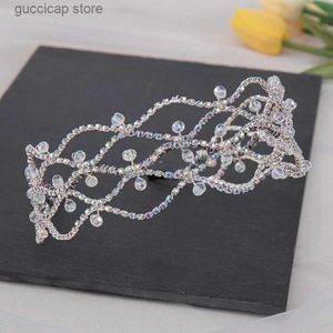 Tiaras ślub ślubny Silver Wedding Hair Band Nowy ręcznie tkany kryształowy damski opaska do włosów Rhinestone Mesh Biżuteria Y240319