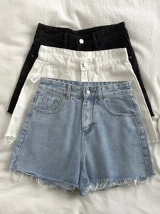 Korean High Waisted Raw Edge Denim Shorts Womens Summer Basic Button Pocket Denim Shorts Street Denim Pant 240319