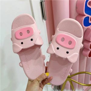 Slippers New Lovely Cartoon Pig Women Beach Slides Slippers Fashion Summer Cute Pink Flat Heel Flip Flops Casual Indoor Home House Shoes