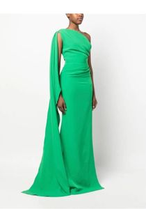 Elegant Long Crepe Green Evening Dresses With Cape Mermaid One Shoulder Pleated Zipper Back Prom Dresses Robe De Soiree Formal Party Gown for Women