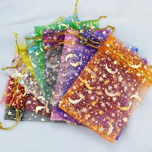 Jewelry Pouches 100Pcs/Lot Small Organza Bag 7x9cm Moon Star Earrings Packaging Bags Wedding Christmas Drawstring Gift