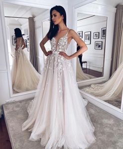 Boho Prinzessin A-Linie Hochzeitskleid 2024 Spaghettiträger V-Ausschnitt Applikationen Spitze Tüll Braut Formelle Kleider Vestidos De Novias Robe De Mariage