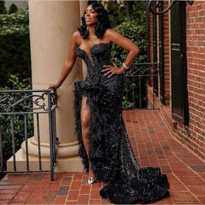 Black Sexy Prom Dresses Ostrich Feather Formal Sequined Sweetheart Sequin Evening Dress High Side Split Party Gowns Tiered Back Corset