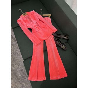 2024 Spring Pink Solid Color Two Piece Pants Set Long Sleeve Notched-Lapel Single-Breasted Blazer Blazers Top + Flare byxor Set Byxor Suits O4J152688