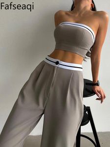 Kvinnors tvåbitar byxor Sexig träning med Boob Tube Top Slash Neck Contrast Color Wide Leg Trousers Sports Suit For Women Set Outfit