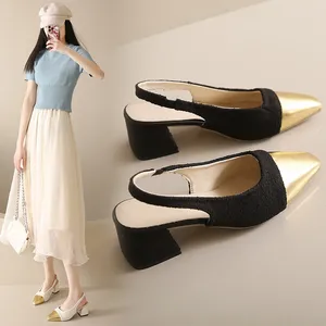 Dress Shoes Metal Toe Sandal Women Shallow High Heels Summer Slingback Woman Square Head Slip On Patchwork Black Beige Sandalias