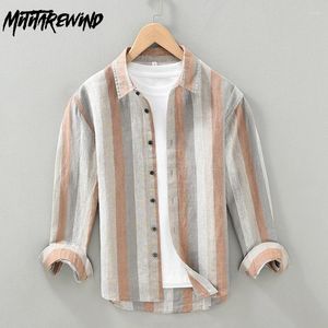 Camisas casuais masculinas linho mens manga longa camisa japonesa moda fio-tingido contraste cor listrado respirável tops roupas vintage