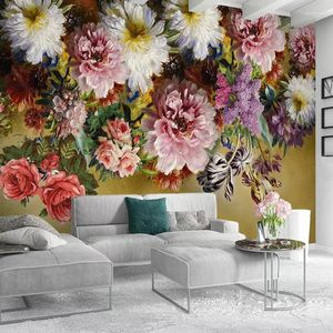 Bakgrundsbilder Anpassade alla storlekar 3D Vägg Mural Wallpaper målar Europeisk stil Retro Handmålade blommiga blommor vardagsrumssoffa sovrumsdekor