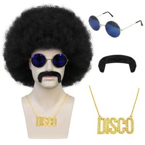 Perucas sintéticas 1 colar + 1 óculos + 1 touca de peruca + 1 barba + sintético curto preto encaracolado Disco Afro Curly Kinky Mens Coily Wig para festa de Halloween 240328 240327