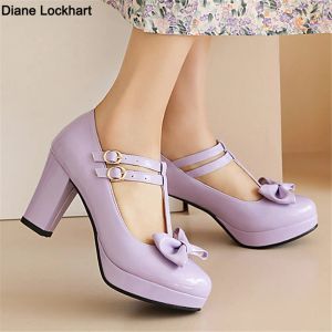 Pompe Donne T cinghia Mary Janes Scarpe Lady High High Round Toe Bow Lolita Pompe Piattaforma femminile Tacchi Feed Wedding Modea Red Pink