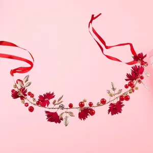 Bandanas Elegant Flower Wedding Bridal Headband Twisted Bead Crystal Handmade Ribbon Headdress For Bride Bridesmaid (Red)