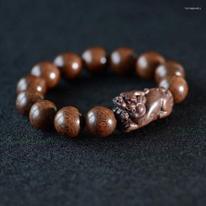 Strand Sculpture Handmade Golden Silk Sandalwood Pixiu Armband Culture Play Buddha Bead Men's Gift Simple Chinese Style