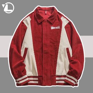 Corduroy College Jackets Mężczyźni Spring Autumn Casual Fashion Red Baseball Emabel Mens Retro Patchwork Color Block Varsity Coats 240309