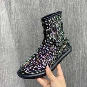 Boots Fashion Women Boots Rhinestone Flat Boots Plus Size Ankel Boots Warm Fur Snow Boots Antislip Plush Winter Women Shoes